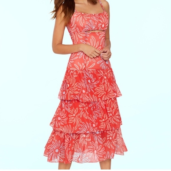 Likely Matteo Coral Floral Print Tiered Maxi Dress with Cut Out size 12 - Picture 1 of 11